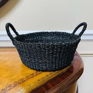 Woven Seagrass Black Round Scoop Basket with 2 handles